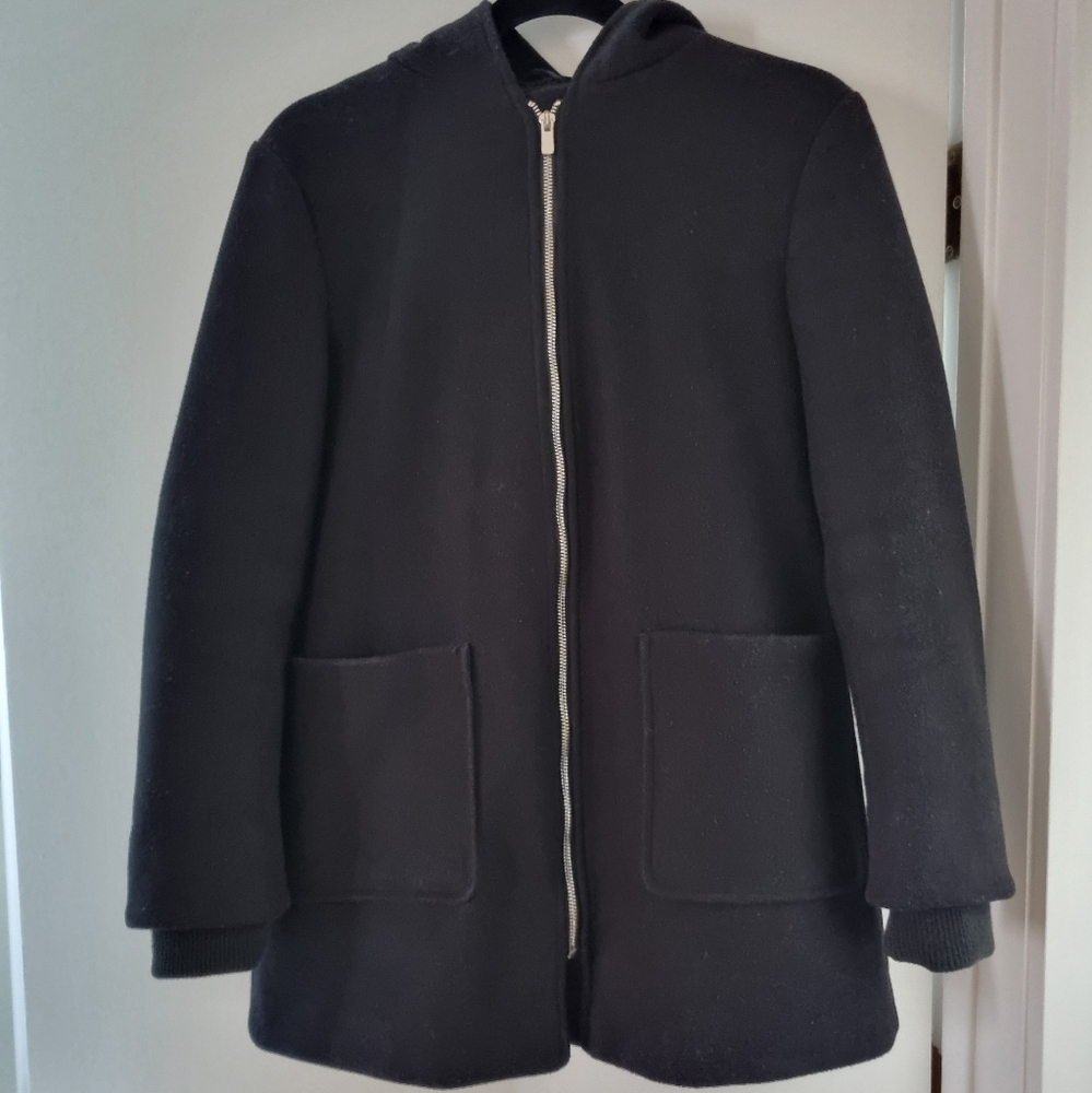 Black Hooded Coat with Front Pockets